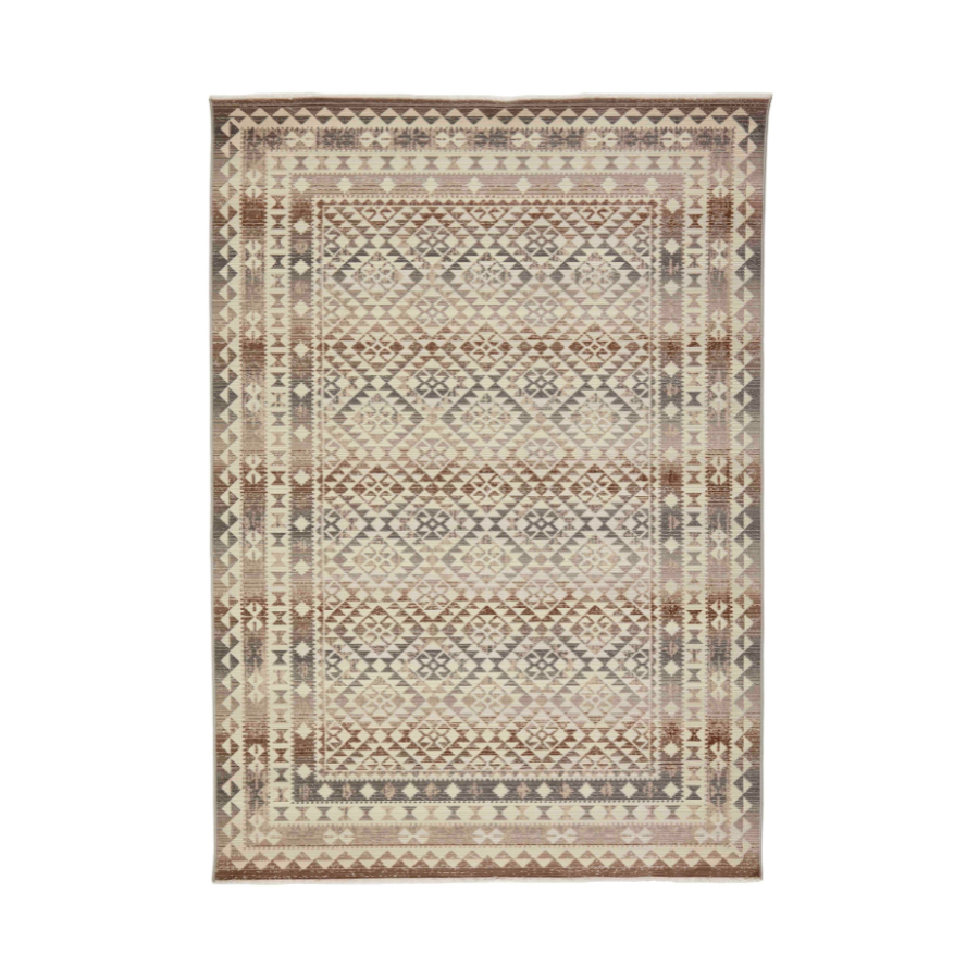 Mohaw Beige tæppe med geometriske mønstre i afdæmpede farver, inspireret af traditionelle Kelim-tæpper.