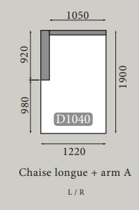 Teknisk tegning af en chaise longue med arm A, mål og specifikationer for design og størrelse.